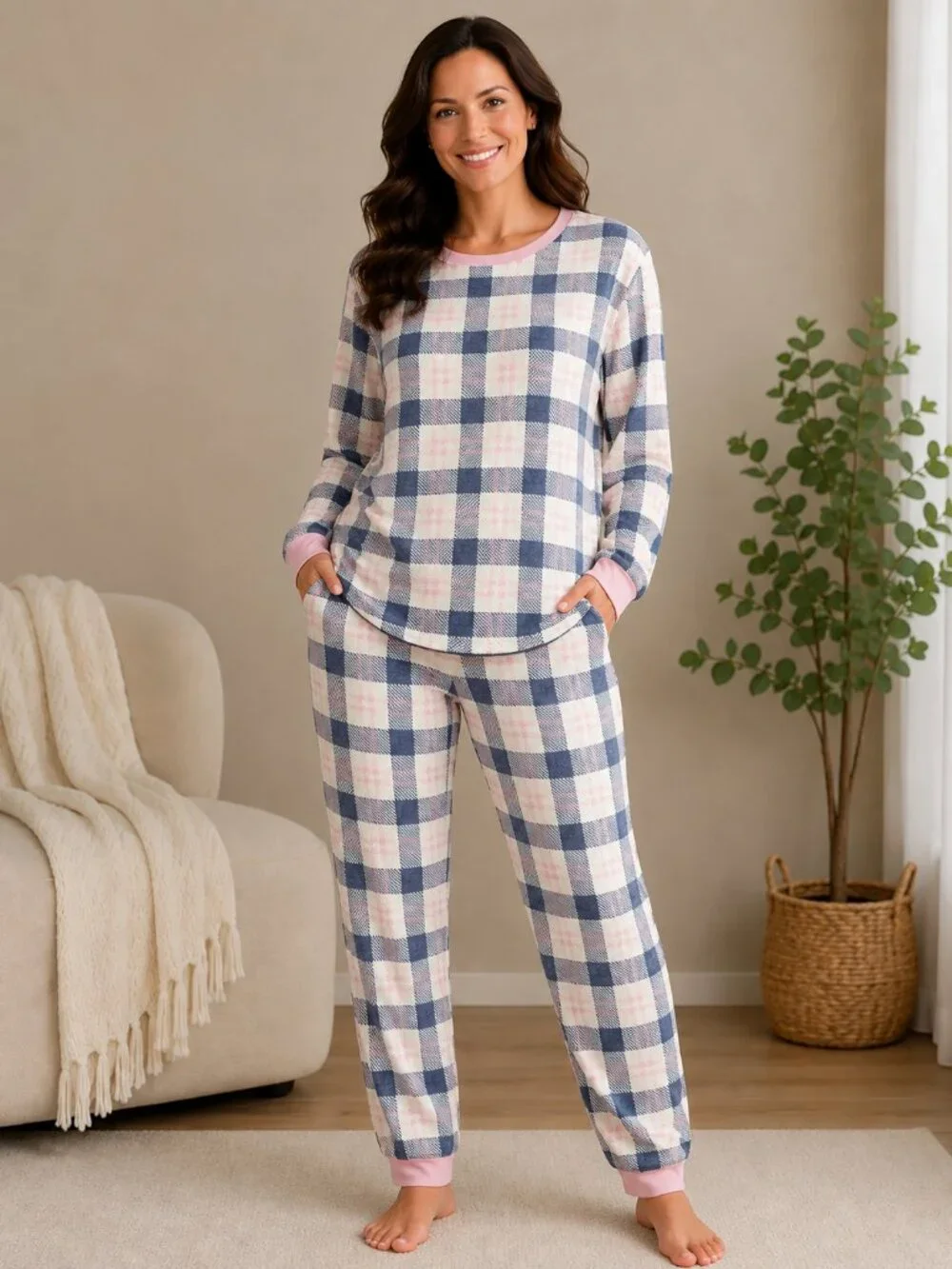 NEW Cuddl Duds Plaid Pajama Set Jogger Pants Pockets Pink Blue M